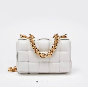Bottega Veneta padded cassette on chain. Chalk white